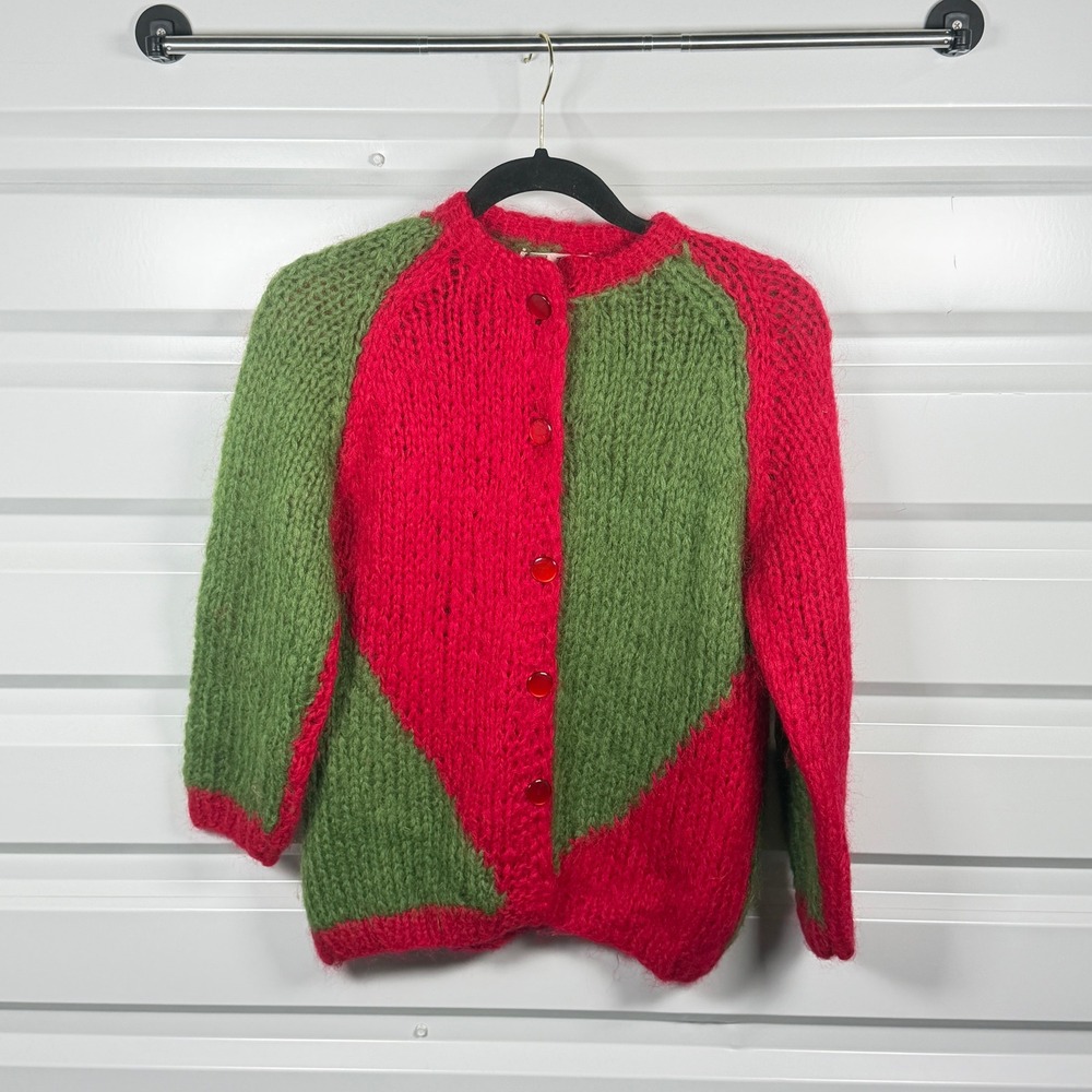 Tam Italia Cardigan Women Medium Red Green Wool Mohair Blend Chunky Knit Italy